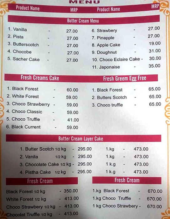Menu at Adyar Bakery, Chennai, 99, Lakshmanaswamy Salai
