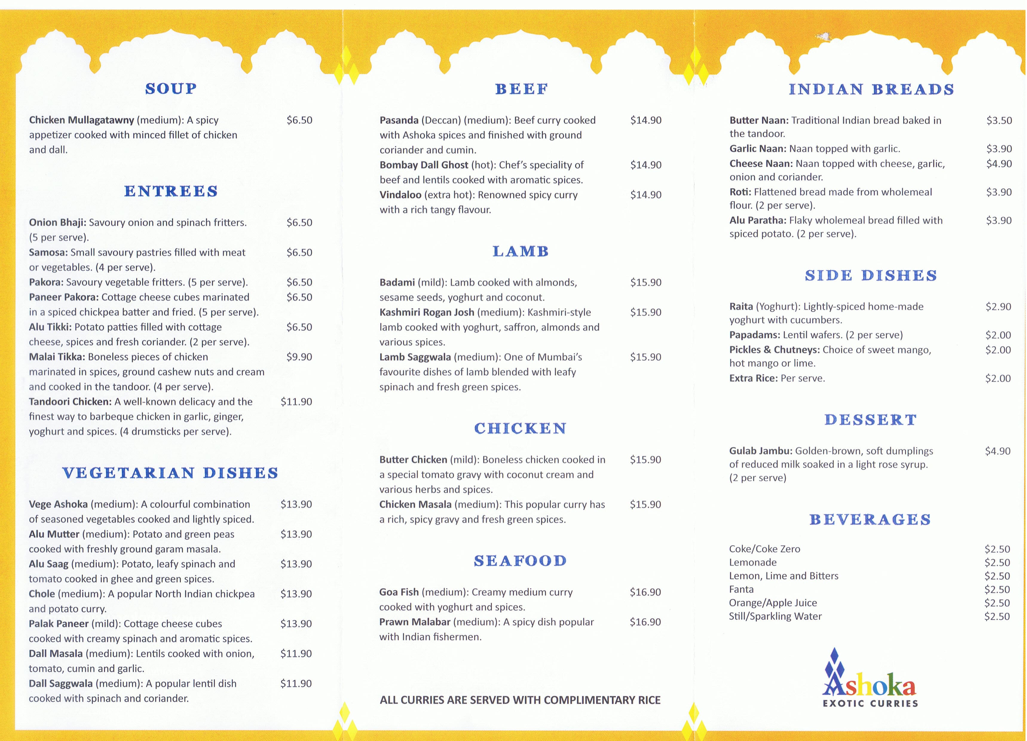 Ashoka Exotic Curries Menu, Menu for Ashoka Exotic Curries, Jindalee, Brisbane Urbanspoon/Zomato