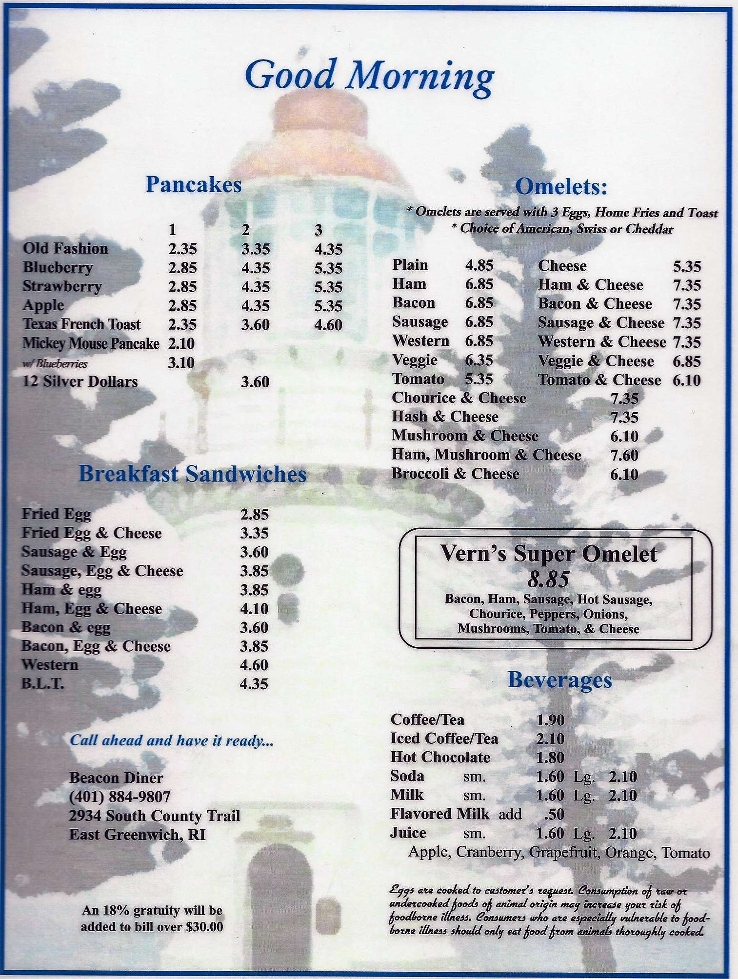 Beacon Diner Menu, Menu for Beacon Diner, East Greenwich, Providence
