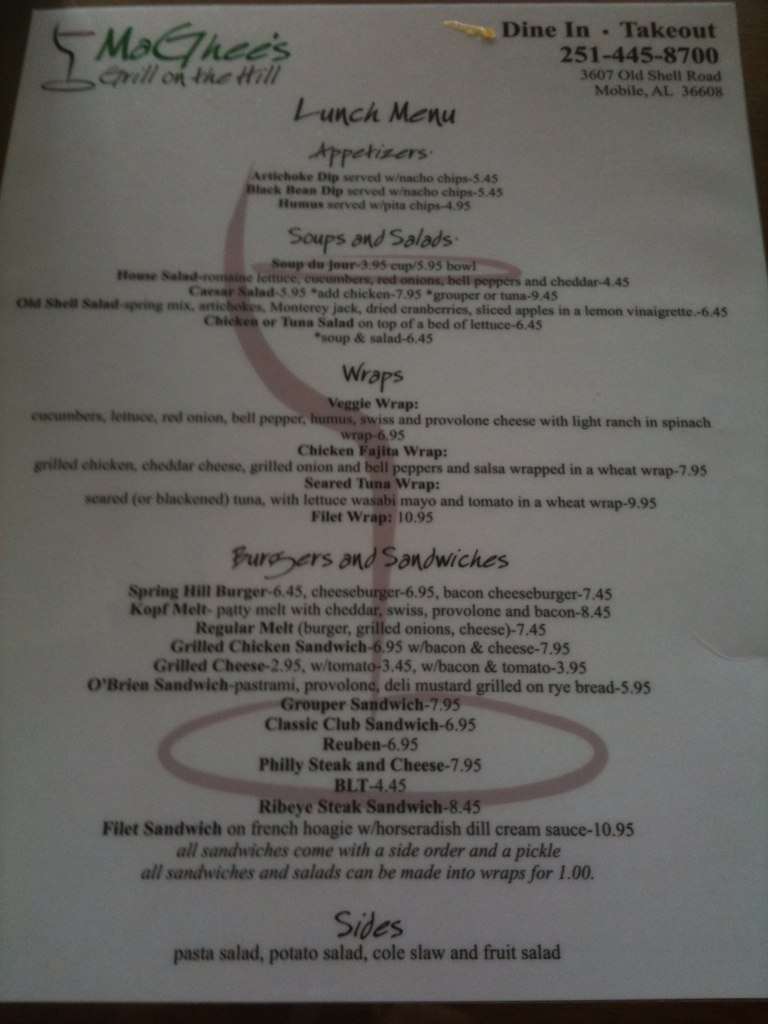 MaGhee's Grill on the Hill Menu Urbanspoon/Zomato