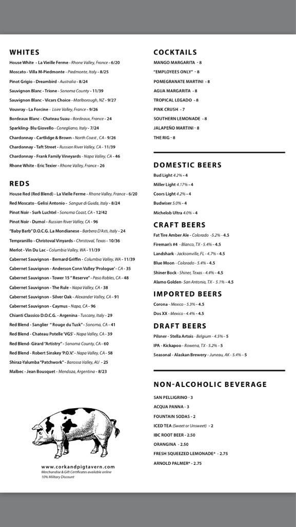 Menu at Cork & Pig Tavern pub & bar, Odessa, E Texas 191 204