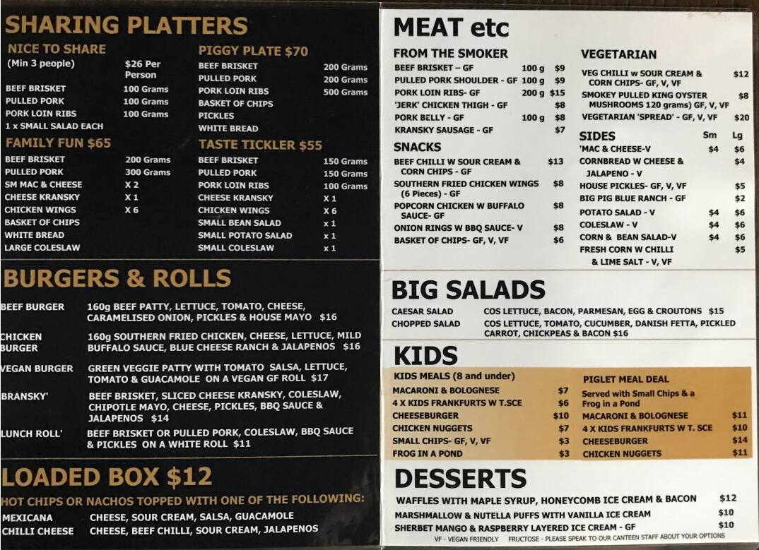 Menu at Big Pig Little Pig restaurant, Moorabbin