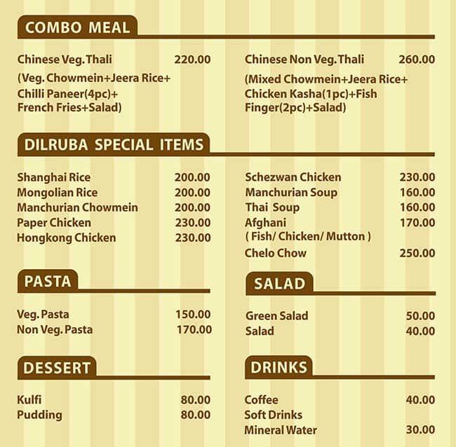 Dilruba Restaurant menu