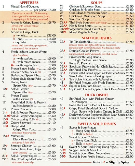 Tin Tin Menu, Menu for Tin Tin, Teddington, London - Zomato UK