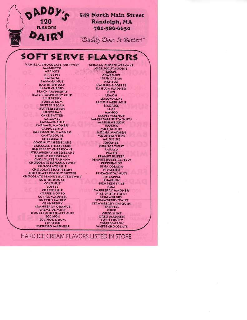 Daddy's Dairy Menü, Daddy's Dairy, Randolph, Boston için Menü