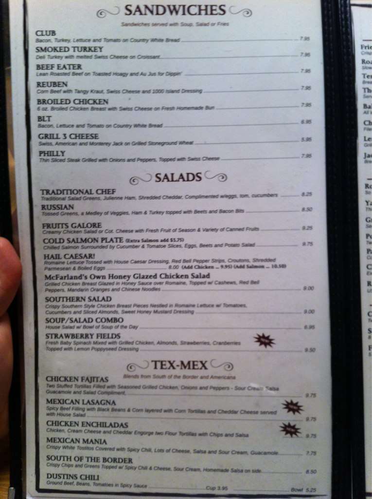 Menu at McFarland's Restaurant, Topeka