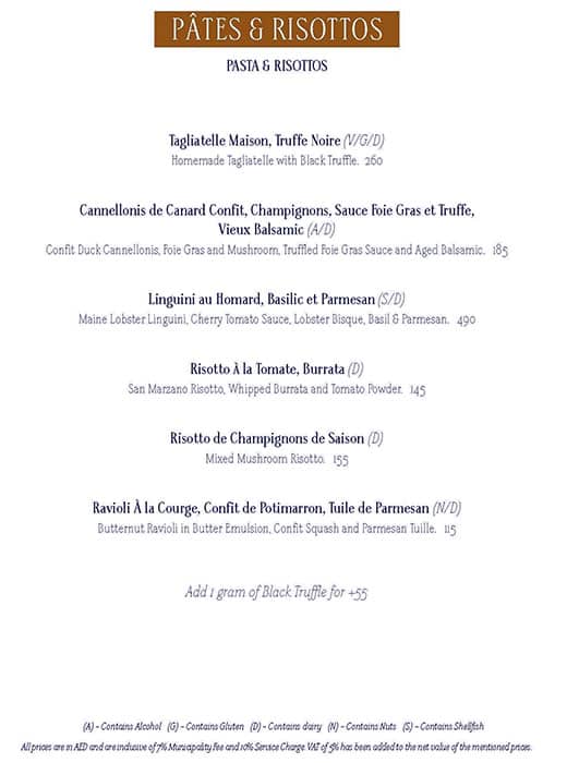 Menu at La Serre restaurant, Dubai