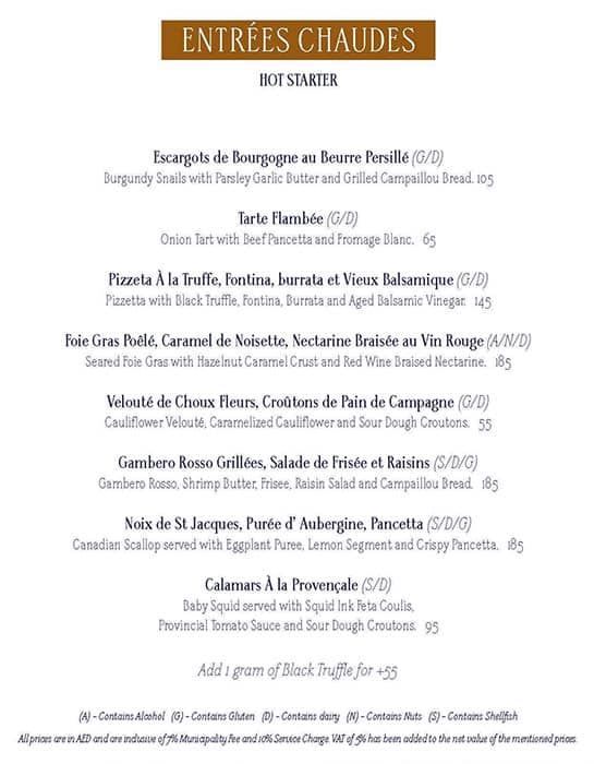 Menu at La Serre restaurant, Dubai