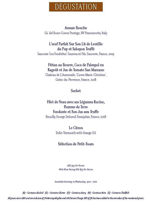 Menu at La Serre restaurant, Dubai