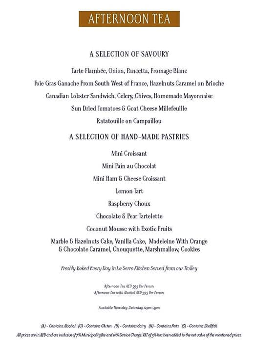 Menu at La Serre restaurant, Dubai