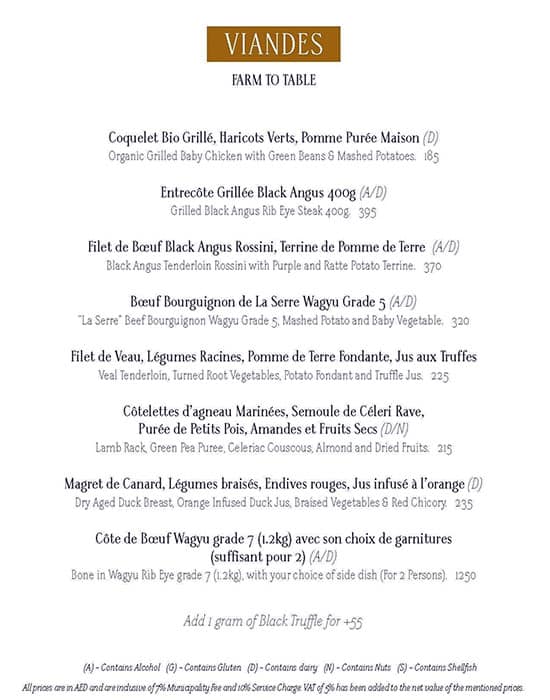 Menu at La Serre restaurant, Dubai