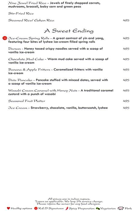 Rare Eastern Dining - Radisson Blu MBD Hotel menu