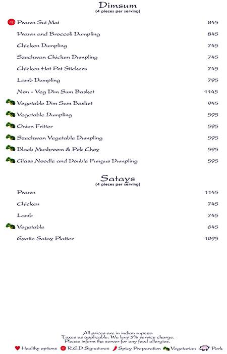 Rare Eastern Dining - Radisson Blu MBD Hotel menu