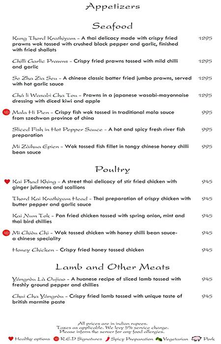 Rare Eastern Dining - Radisson Blu MBD Hotel menu