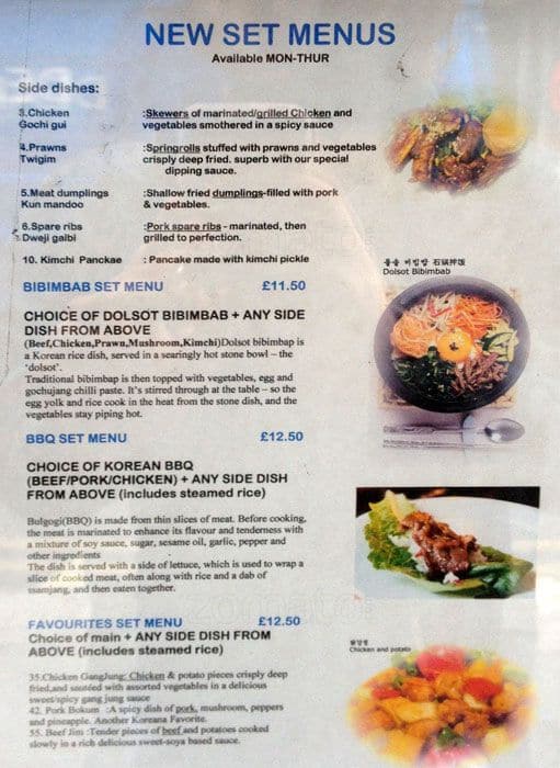 Menu at Koreana Restaurant, Manchester