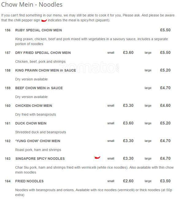 Ruby Takeaway Harborne menu