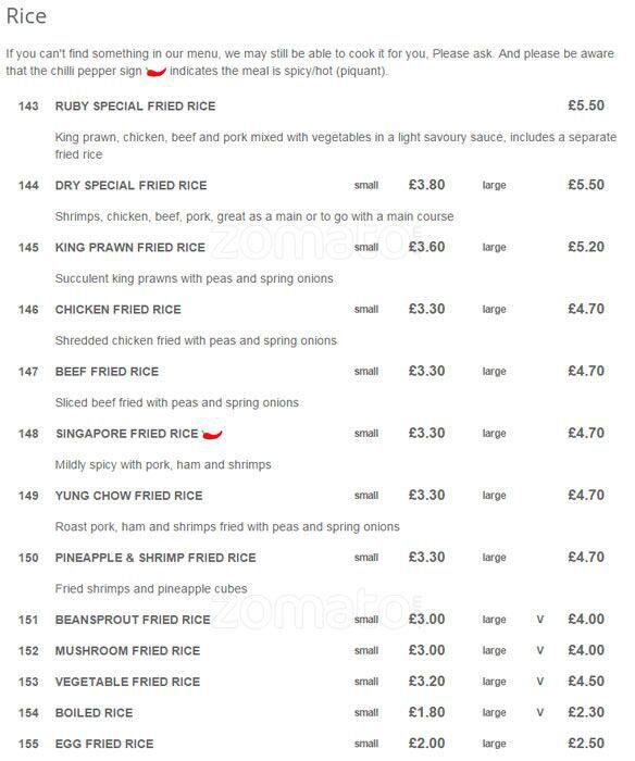 Ruby Takeaway Harborne menu