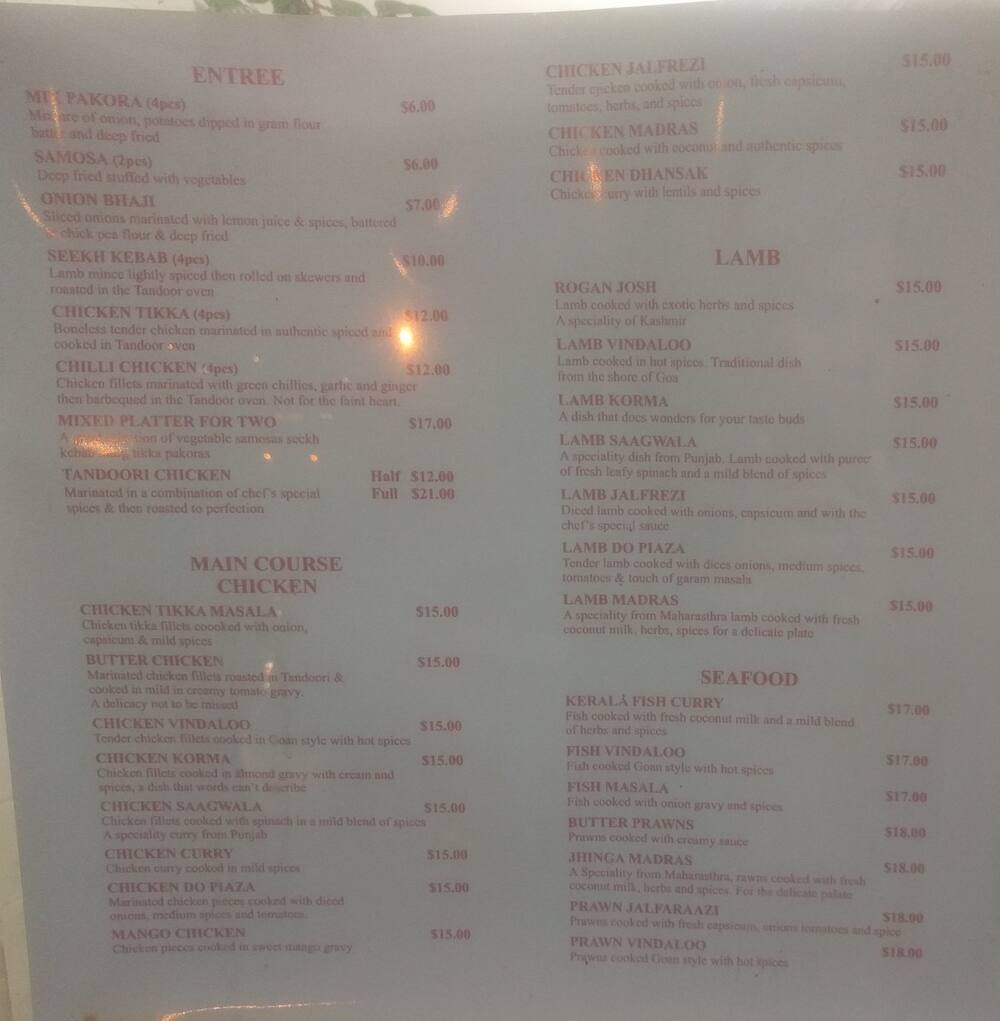 Menu at Mint Leaf Indian Takeaways restaurant, Auckland