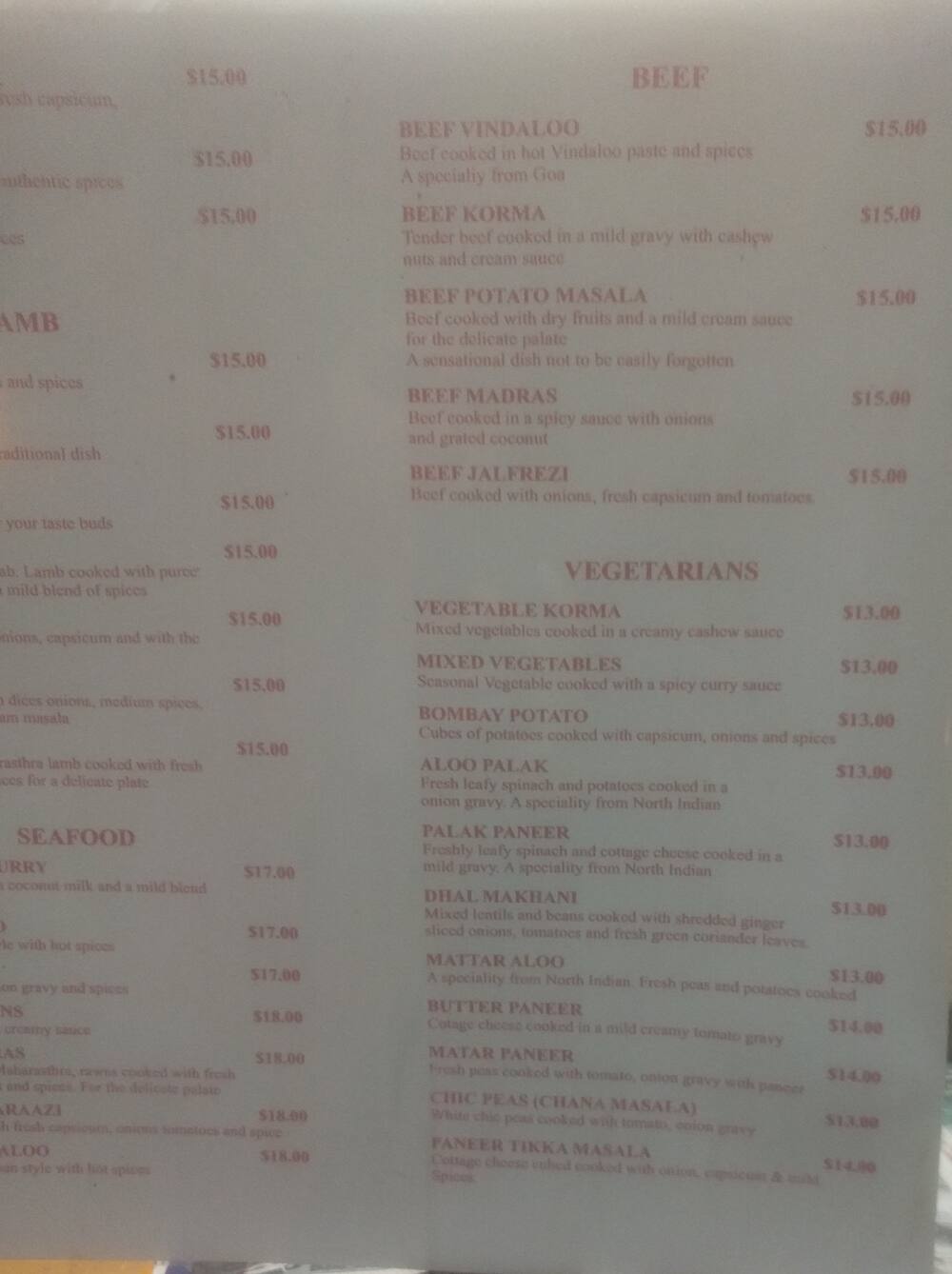 Menu at Mint Leaf Indian Takeaways restaurant, Auckland