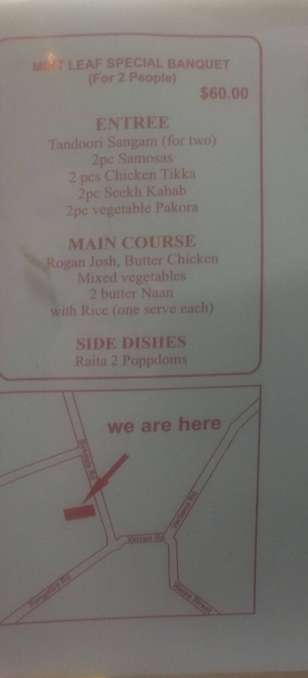Menu at Mint Leaf Indian Takeaways restaurant, Auckland