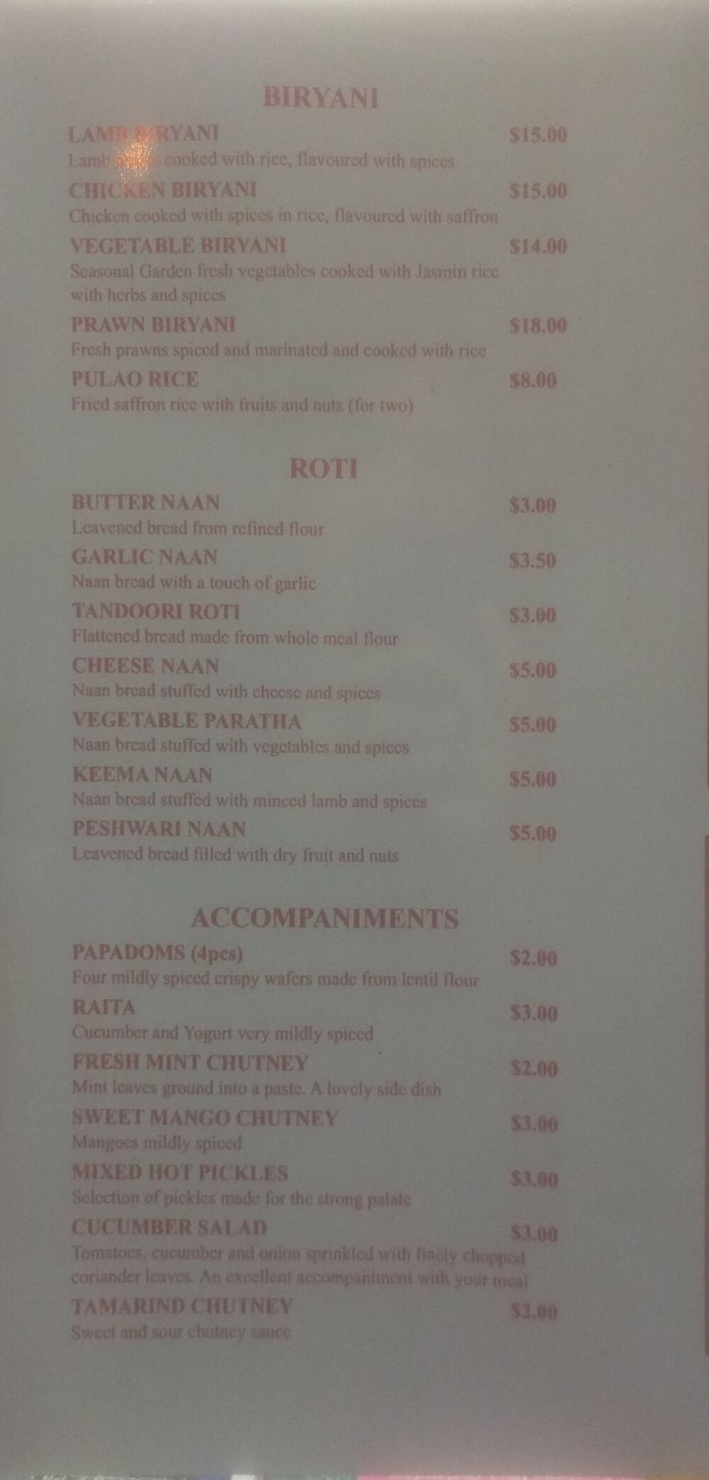 Menu at Mint Leaf Indian Takeaways restaurant, Auckland
