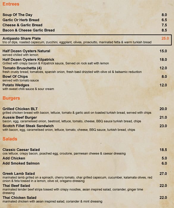 Excelsior Hotel Menu, Menu for Excelsior Hotel, Thomastown, Melbourne