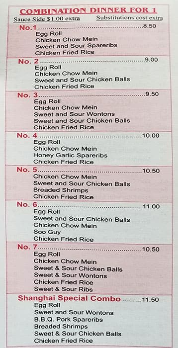 Menu at Shanghai restaurant, Brantford