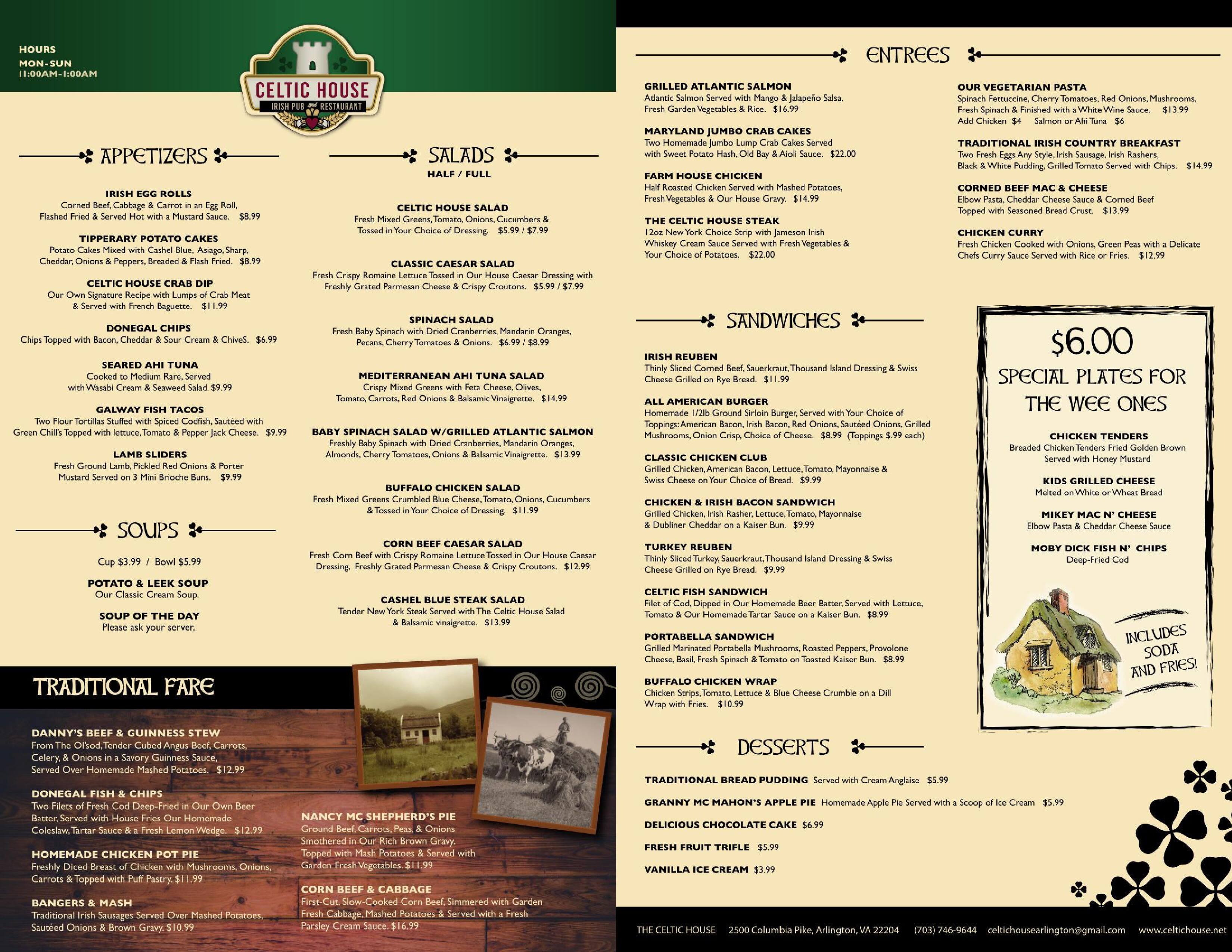 Menu At The Celtic House Irish Pub Restaurant Arlington