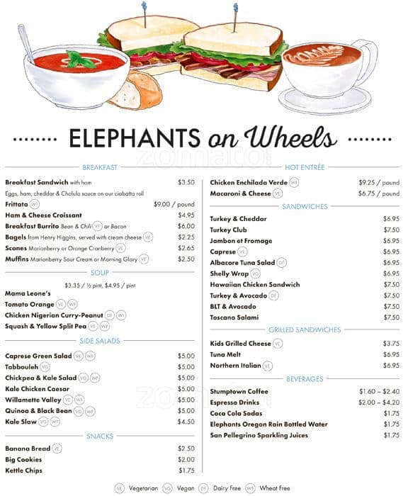 Elephants on Wheels Menu, Menu for Elephants on Wheels, Downtown