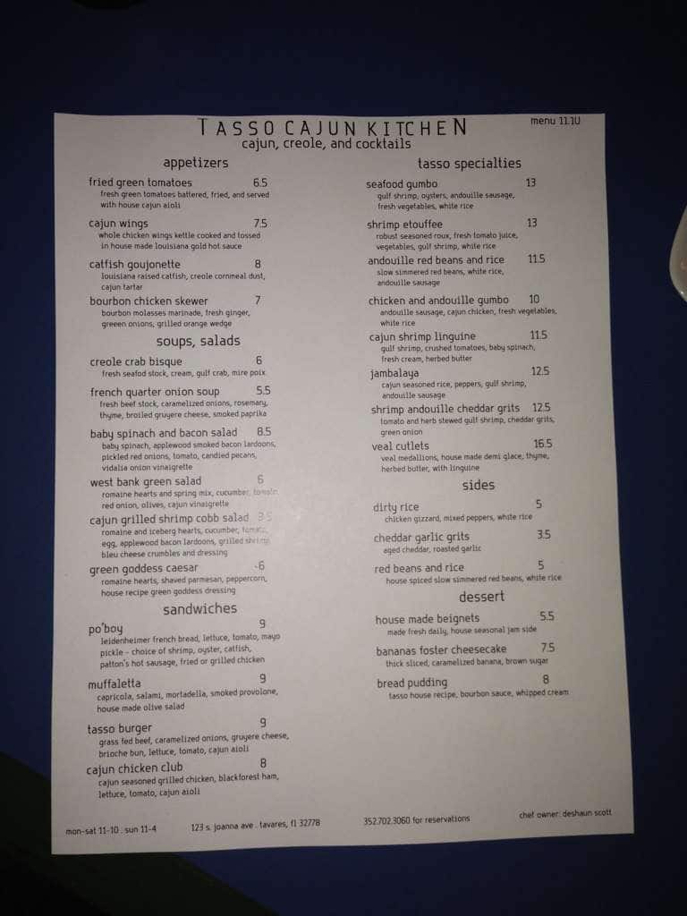 Tasso Cajun Kitchen Menu, Menu for Tasso Cajun Kitchen, Tavares