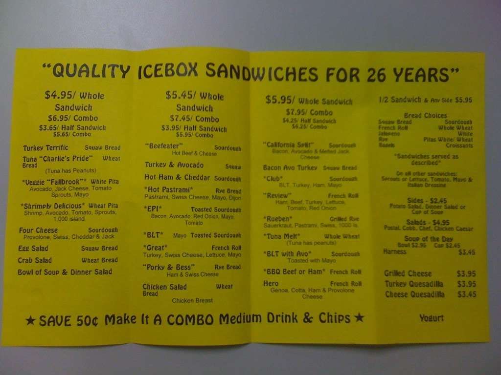 Vista's Icebox Menu, Menu for Vista's Icebox, Vista, San Diego