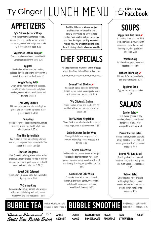 Ty Ginger Asian Bistro Menu, Menu for Ty Ginger Asian Bistro, Dublin