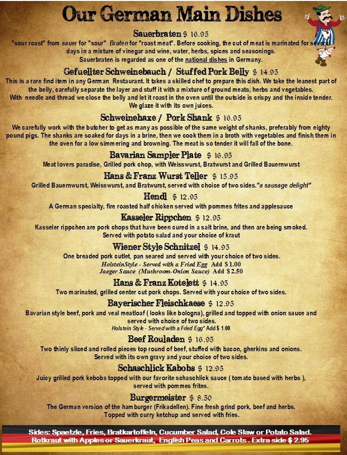 Menu at Hans & Franz Biergarten pub & bar, Five Forks