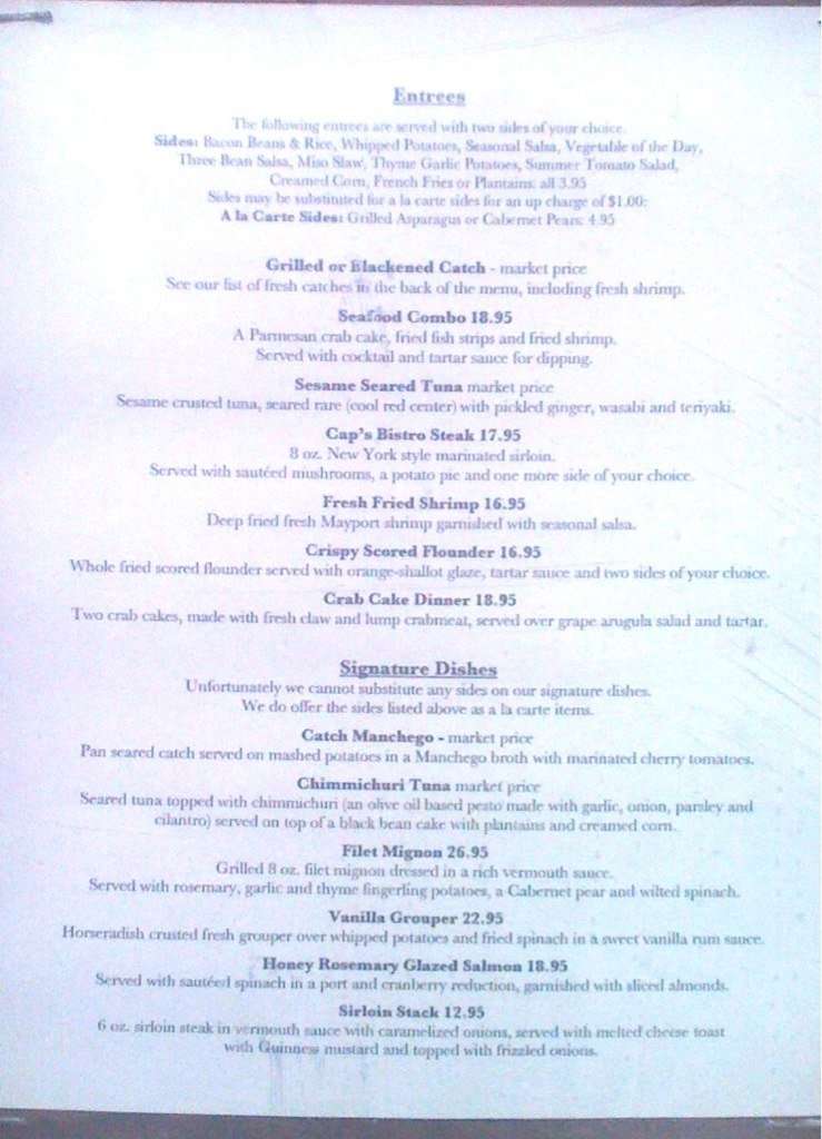 Menu at Cap's on the Water restaurant, Vilano Beach, Myrtle St