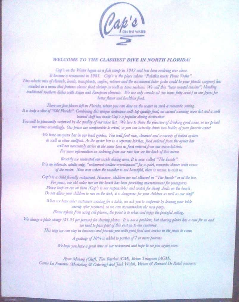 Cap's On The Water Menu, Menu untuk Cap's On The Water, Vilano Beach