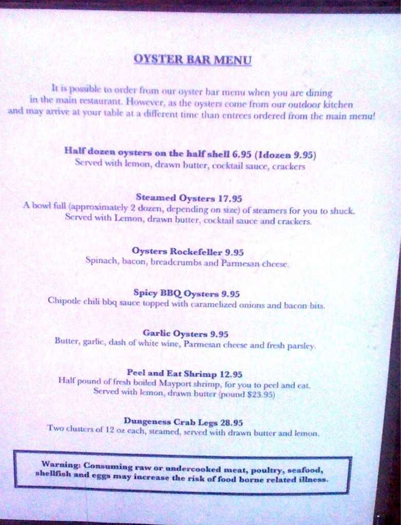 Menu at Cap's on the Water restaurant, Vilano Beach, Myrtle St