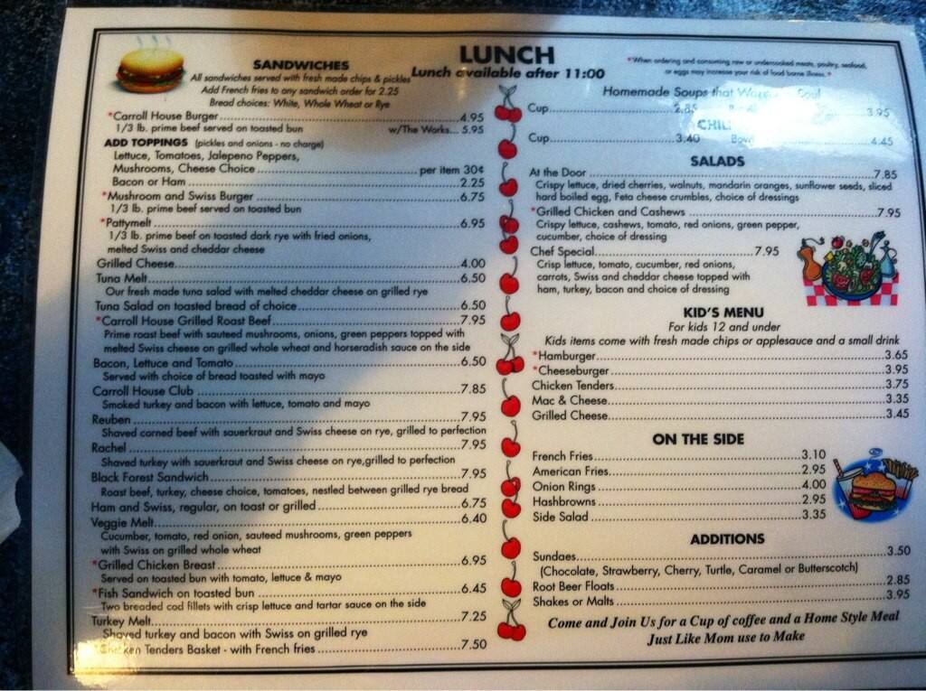 Menu at Carroll House restaurant, Sister Bay