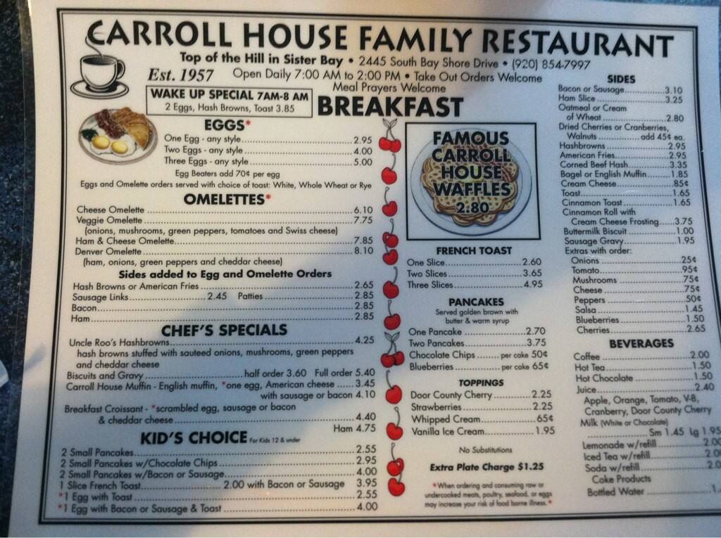 Menu at Carroll House restaurant, Sister Bay