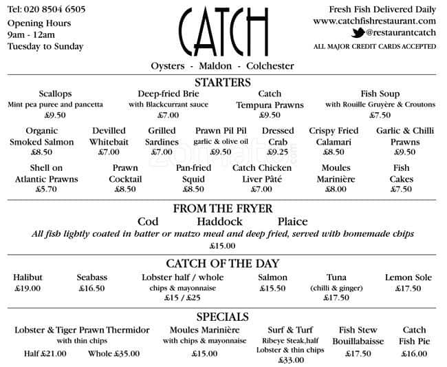 Menu at Catch restaurant, Buckhurst Hill, 147 Queen's Rd