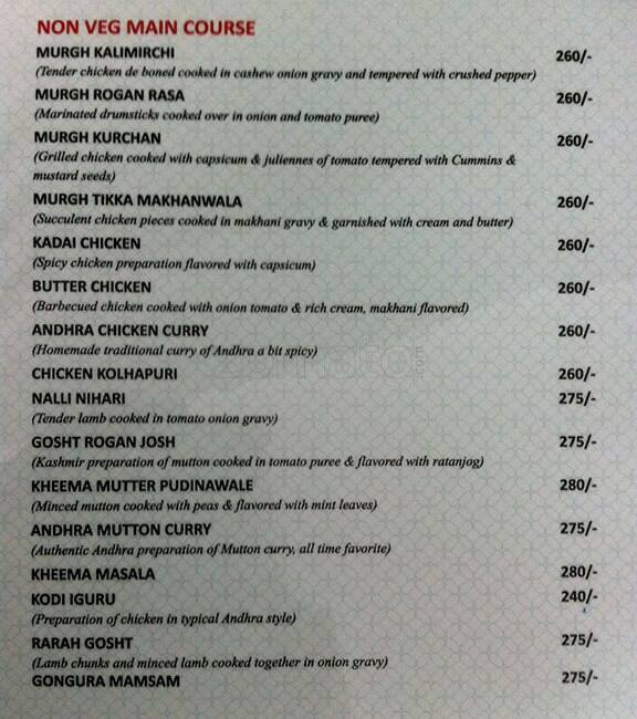 Menu at Pebbles, Hyderabad, 53 Shri Nagar Colony Road