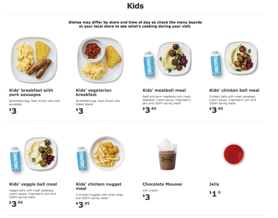 Menu at Ikea restaurant, Melbourne