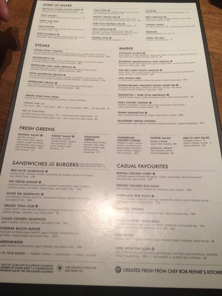 Cactus Club Cafe Menu, Menu Restauracji Cactus Club Cafe, Downtown ...