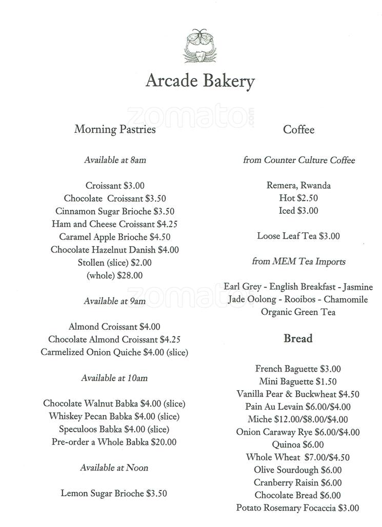 Arcade Bakery Menu, Menu for Arcade Bakery, Tribeca, New York City