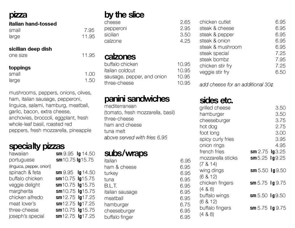 Joseph's Pizza menu, Menu restauracji Joseph's Pizza, Hull, Boston