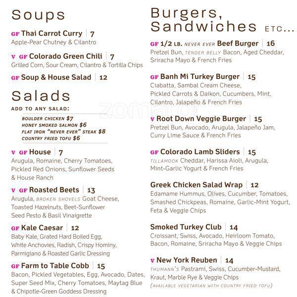 Root Down Menu, Menu for Root Down, Denver International Airport