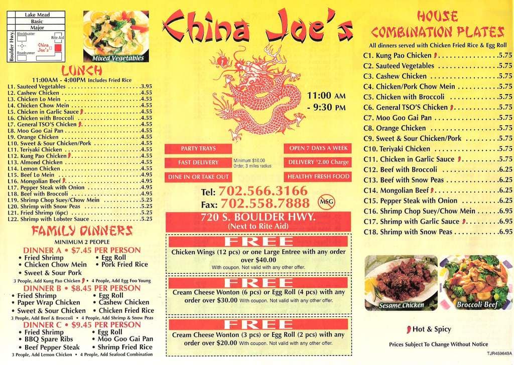China Joe's Menu, Menu for China Joe's, Henderson, Las Vegas