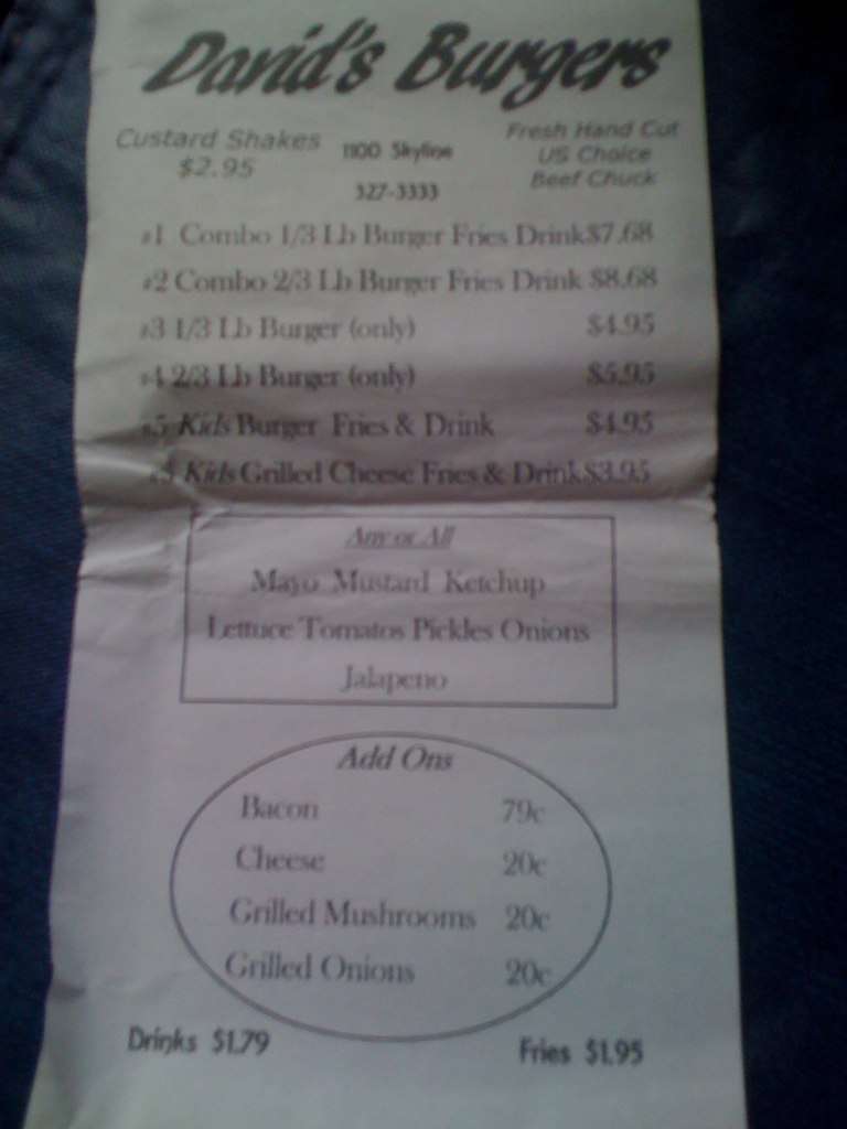 David's Burgers Menu, Menu for David's Burgers, Conway, Little Rock