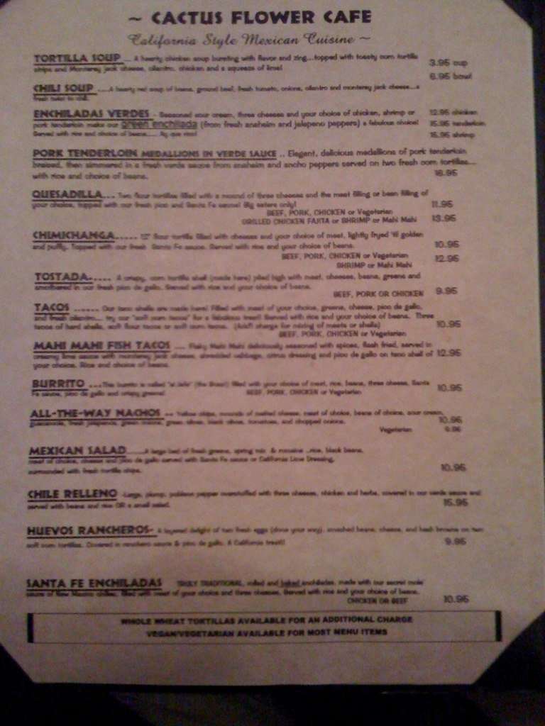 Menu At Cactus Flower Cafe Pensacola N 12th Ave