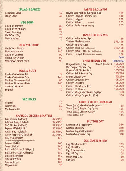 Menu Of Royale Dine, Sarjapur Road, Bangalore