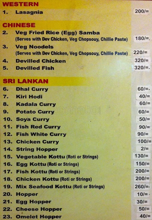 Sanora Fast Food Menu For Battaramulla Sanora Fast Food Battaramulla Colombo Menu